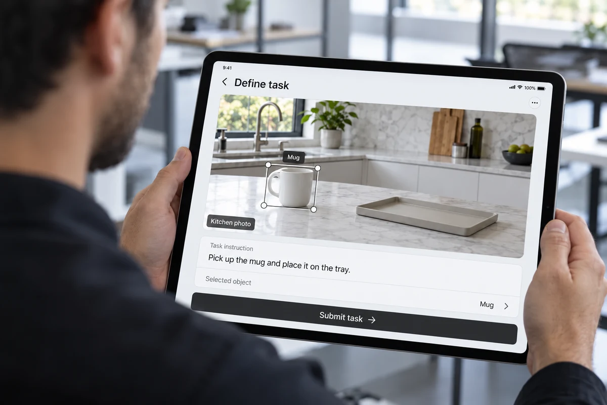 Concept photograph of an engineer using an iPad-style task editor, with a bounding box selecting the mug in a labeled kitchen photo and the instruction: Pick up the mug and place it on the tray.