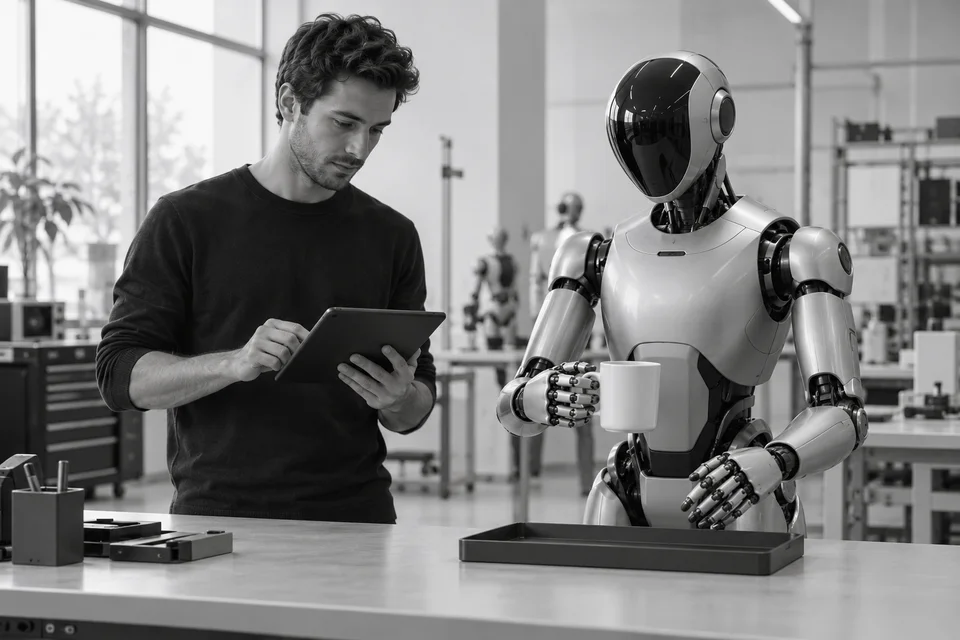 Concept illustration of a humanoid holding a mug beside a robotics engineer, representing model training with accepted demonstrations